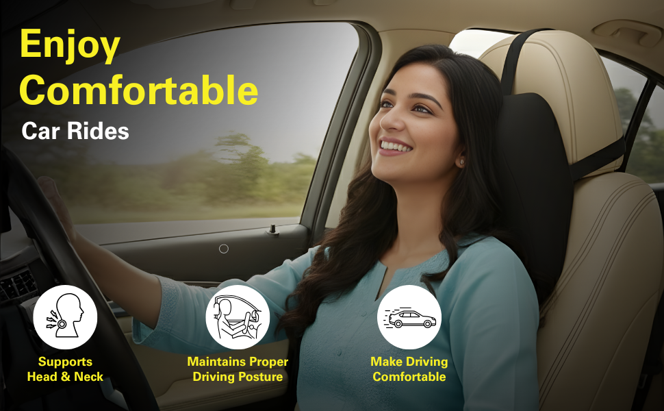 car neck rest pillow for driving comfort | pain relief | ergonomic shape | black velvet fabric | large plus size